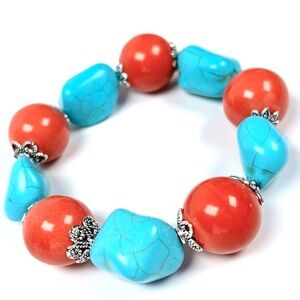 Handmade Turquoise & Coral Beaded Stretch Bracelet